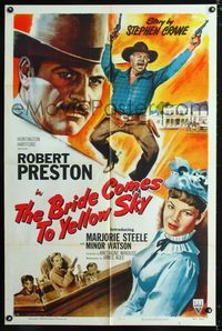 1i098 BRIDE COMES TO YELLOW SKY 1sheet '52 cool artwork of cowboy Robert Preston & Marjorie Steele!