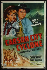 1i110 CARSON CITY CYCLONE one-sheet poster '43 cool art of cowboy Don Red Barry & Lynn Merrick!