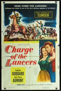 1i115 CHARGE OF THE LANCERS one-sheet poster '54 art of sexy Paulette Goddard & Jean Pierre Aumont!