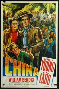 1i120 CHINA one-sheet movie poster '43 cool artwork of Loretta Young & Alan Ladd in WWII riot!