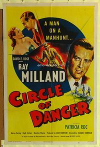 1i122 CIRCLE OF DANGER one-sheet poster '51 Jacques Tourneur, Ray Milland on a manhunt, cool art!