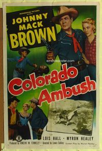1i126 COLORADO AMBUSH one-sheet '51 great image of fighting cowboy Johnny Mack Brown & Lois Hall!