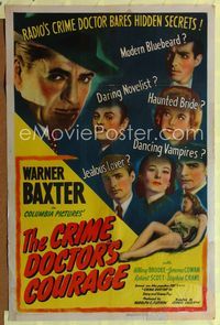 1i139 CRIME DOCTOR'S COURAGE one-sheet poster '45 detective Warner Baxter bares hidden secrets!