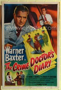 1i140 CRIME DOCTOR'S DIARY one-sheet movie poster '49 cool art of detective Warner Baxter with gun!