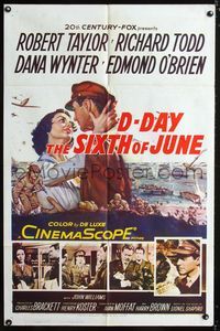 1i147 D-DAY THE 6th OF JUNE one-sheet '56 romantic art of Robert Taylor & sexy Dana Wynter in WWII!