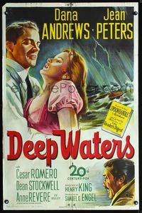 1i155 DEEP WATERS one-sheet poster '48 stone litho artwork of Dana Andrews holding sexy Jean Peters!