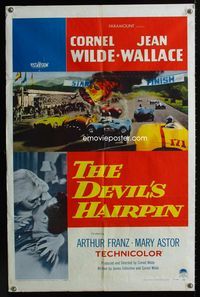 1i168 DEVIL'S HAIRPIN one-sheet movie poster '57 Cornel Wilde, Jean Wallace, great car racing art!