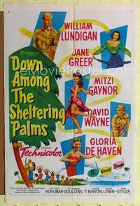 1i193 DOWN AMONG THE SHELTERING PALMS one-sheet '53 sexy Jane Greer, Mitzi Gaynor & Gloria De Haven!