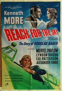 1i557 REACH FOR THE SKY English one-sheet poster '57 cool artwork of pilot Kenneth More in airplane!