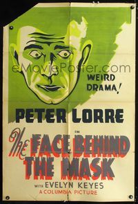 1i219 FACE BEHIND THE MASK Canadian 1sh '41 Peter Lorre, cool art, weird drama!