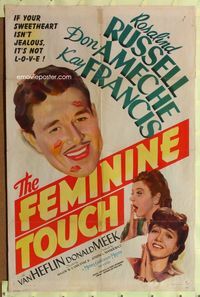 1i222 FEMININE TOUCH style C 1sheet '41 Rosalind Russell & Kay Francis cover Don Ameche with kisses!