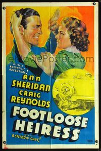 1i235 FOOTLOOSE HEIRESS other company 1sh '37 art of sexy Ann Sheridan fighting with Craig Reynolds!