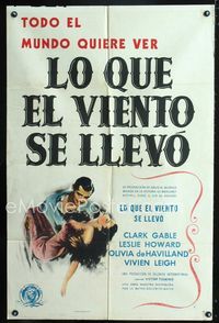 1i261 GONE WITH THE WIND Spanish/U.S. one-sheet R47 wonderful art of Clark Gable holding Vivien Leigh!