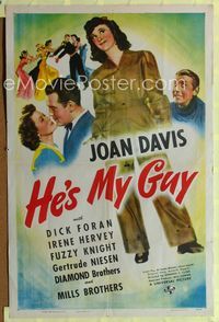 1i281 HE'S MY GUY one-sheet movie poster '40 Joan Davis works in a World War II defense plant!