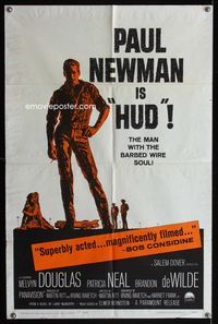 1i299 HUD one-sheet '63 Paul Newman is the man with the barbed wire soul, Martin Ritt classic!