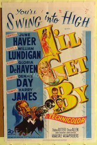 1i310 I'LL GET BY one-sheet poster '50 artwork of sexy June Haver & Harry James playing trumpet!