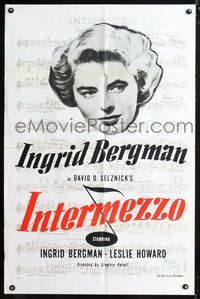 1i314 INTERMEZZO one-sheet movie poster R60s giant headshot of Ingrid Bergman over sheet music!
