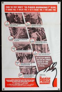 1i317 IS PARIS BURNING style B one-sheet poster '66 World War II all-star cast, it gets inside you!