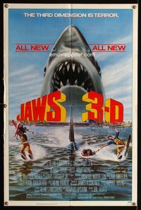 1i328 JAWS 3-D one-sheet poster '83 great Gary Meyer shark artwork, the third dimension is terror!