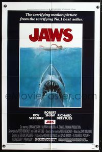 1i326 JAWS one-sheet movie poster '75 artwork of Steven Spielberg's classic man-eating shark!