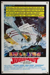 1i342 JUGGERNAUT one-sheet '74 Richard Harris, cool art of ocean liner under attack by Bob McCall!