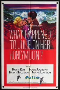 1i343 JULIE one-sheet poster '56 what happened to Doris Day on her honeymoon with Louis Jourdan?