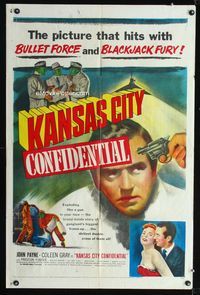 1i351 KANSAS CITY CONFIDENTIAL one-sheet poster '52 it hits with bullet force and blackjack fury!
