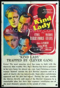 1i354 KIND LADY one-sheet poster '51 John Sturges, artwork of Ethel Barrymore & Angela Lansbury!