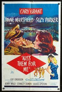 1i357 KISS THEM FOR ME 1sh '57 romantic art of Cary Grant & Suzy Parker, plus sexy Jayne Mansfield!