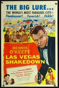 1i363 LAS VEGAS SHAKEDOWN one-sheet '55 gambling Dennis O'Keefe in the world's most fabulous city!