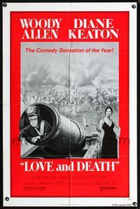 1i388 LOVE & DEATH style C 1sheet 75 great image of Diane Keaton firing Woody Allen out of cannon!