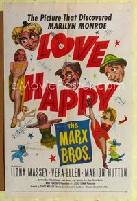 1i392 LOVE HAPPY one-sheet movie poster R53 artwork of the Marx Brothers and sexy Marilyn Monroe!