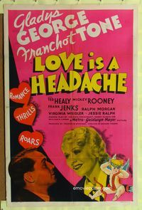 1i393 LOVE IS A HEADACHE style D 1sheet '38 Gladys George, Franchot Tone, great art of fallen cupid!
