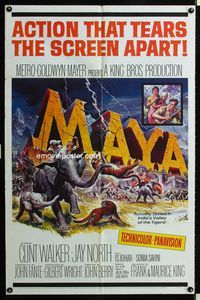 1i427 MAYA one-sheet movie poster '66 Clint Walker, cool stampeding elephants artwork!