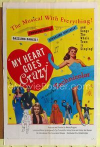 1i458 MY HEART GOES CRAZY one-sheet poster '53 gorgeous girls, dazzling dances, sparkling spectacle!