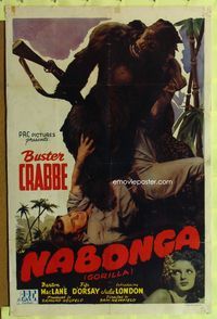 1i461 NABONGA one-sheet '44 great image of Buster Crabbe attacked by giant gorilla holding rifle!