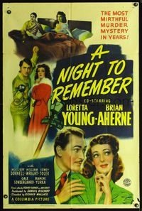 1i469 NIGHT TO REMEMBER one-sheet '42 Loretta Young & Brian Aherne in a mirthful murder mystery!