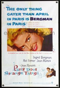 1i501 PARIS DOES STRANGE THINGS one-sheet poster '57 great Ingrid Bergman close up, Jean Renoir