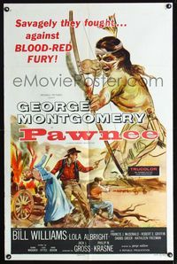 1i505 PAWNEE one-sheet movie poster '57 cool giant art of Native American with bow & arrow!