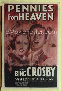 1i507 PENNIES FROM HEAVEN one-sheet R49 cool artwork of Bing Crosby & Madge Evans at carnival!