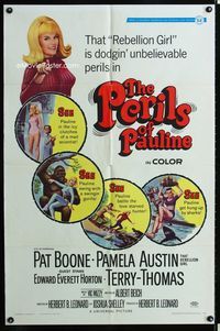 1i512 PERILS OF PAULINE one-sheet '67 Rebellion Girl Pamela Austin is dodgin' unbelievable perils!
