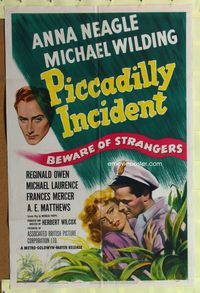 1i517 PICCADILLY INCIDENT 1sheet '48 art of Anna Neagle & Michael Wilding, who beware of strangers!
