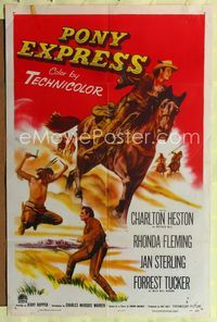 1i524 PONY EXPRESS one-sheet poster '53 great art of Charlton Heston as Buffalo Bill on horseback!