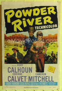 1i528 POWDER RIVER one-sheet '53 art of cowboy Rory Calhoun & super sexy Corinne Calvet holding gun!