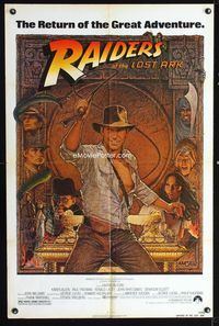 1i553 RAIDERS OF THE LOST ARK one-sheet poster R82 great Richard Amsel artwork of Harrison Ford!