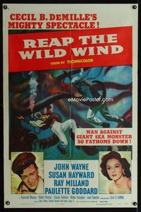 1i558 REAP THE WILD WIND 1sh R54John Wayne, Susan Hayward, art of scuba divers attacked by octopus!