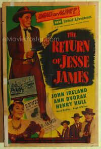 1i567 RETURN OF JESSE JAMES style A one-sheet poster '50 John Ireland as the outlaw's lookalike!