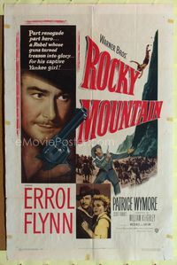1i581 ROCKY MOUNTAIN one-sheet '50 great close up of part renegade part hero Errol Flynn with gn!