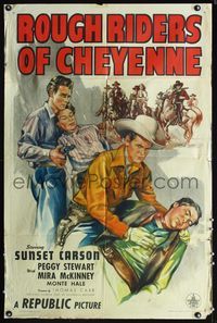 1i582 ROUGH RIDERS OF CHEYENNE one-sheet '45 artwork of Wyoming cowboy Sunset Carson saving the day!