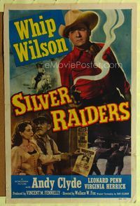 1i609 SILVER RAIDERS style A 1sheet '50 great artwork of Whip Wilson with smoking gun & Andy Clyde!